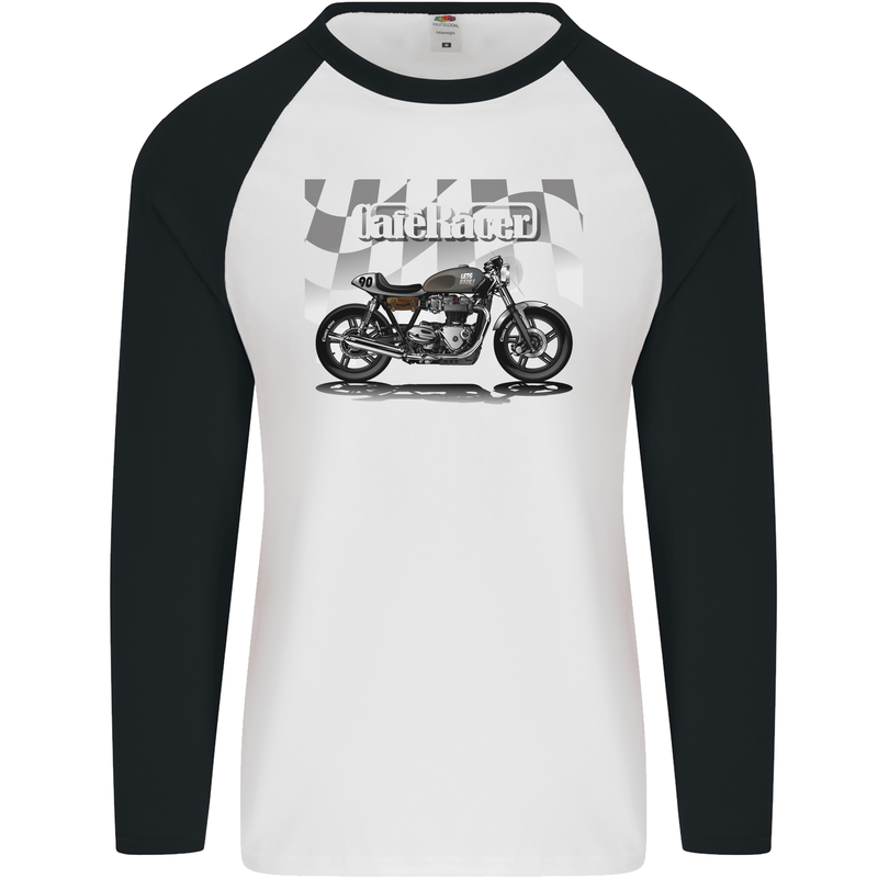 Cafe Racer Motorbike Motorcycle Biker Mens L/S Baseball T-Shirt White/Black