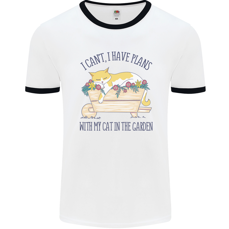 Plans With My Cat in the Garden Gardener Mens Ringer T-Shirt White/Black