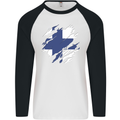 Torn Finland Flag Finnish Day Football Mens L/S Baseball T-Shirt White/Black