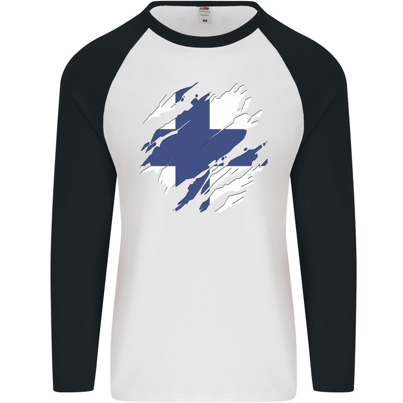 Torn Finland Flag Finnish Day Football Mens L/S Baseball T-Shirt White/Black