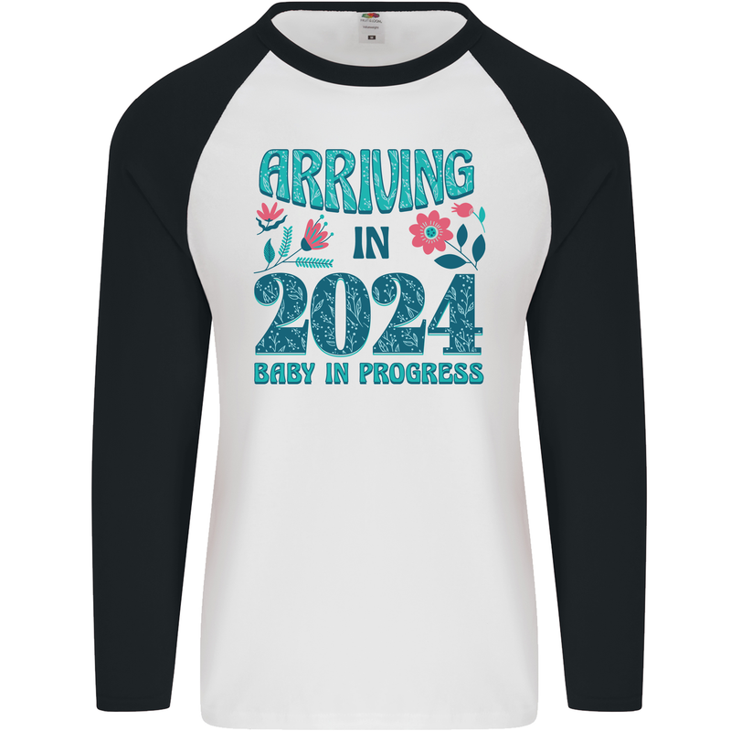 Arriving 2024 New Baby Pregnancy Pregnant Mens L/S Baseball T-Shirt White/Black