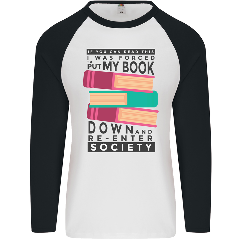 Book Reading Re-Enter Society Funny Mens L/S Baseball T-Shirt White/Black