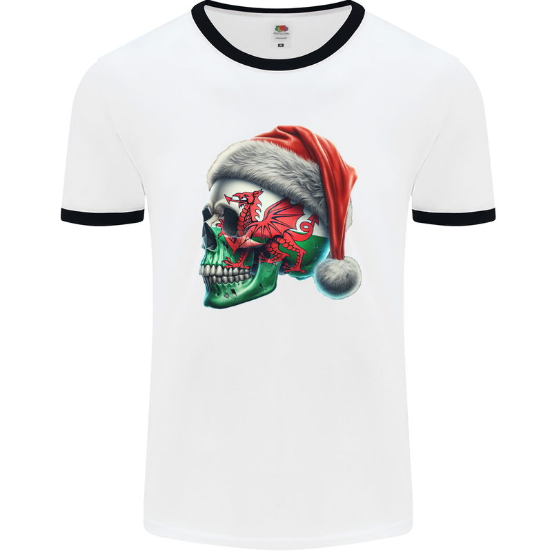 Welsh Christmas Skull Xmas Wales Flag Biker Rugby Mens Ringer T-Shirt White/Black