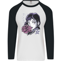 Anime Girl With Flowers Mens L/S Baseball T-Shirt White/Black