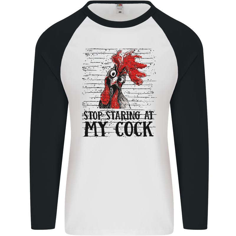 Stop Starring at My Cock Funny Rude Mens L/S Baseball T-Shirt White/Black