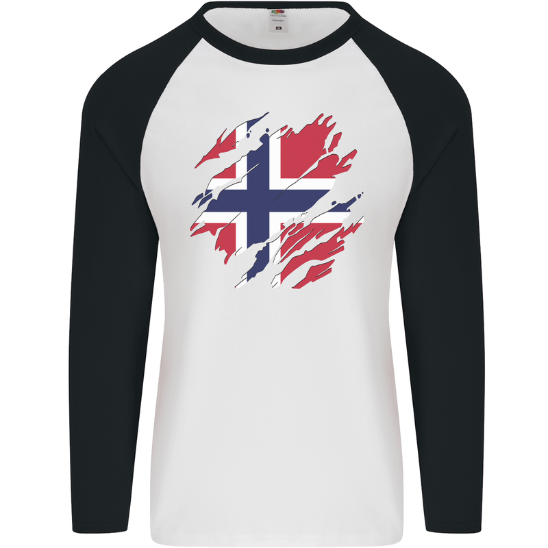 Torn Norway Flag Norwegian Day Football Mens L/S Baseball T-Shirt White/Black