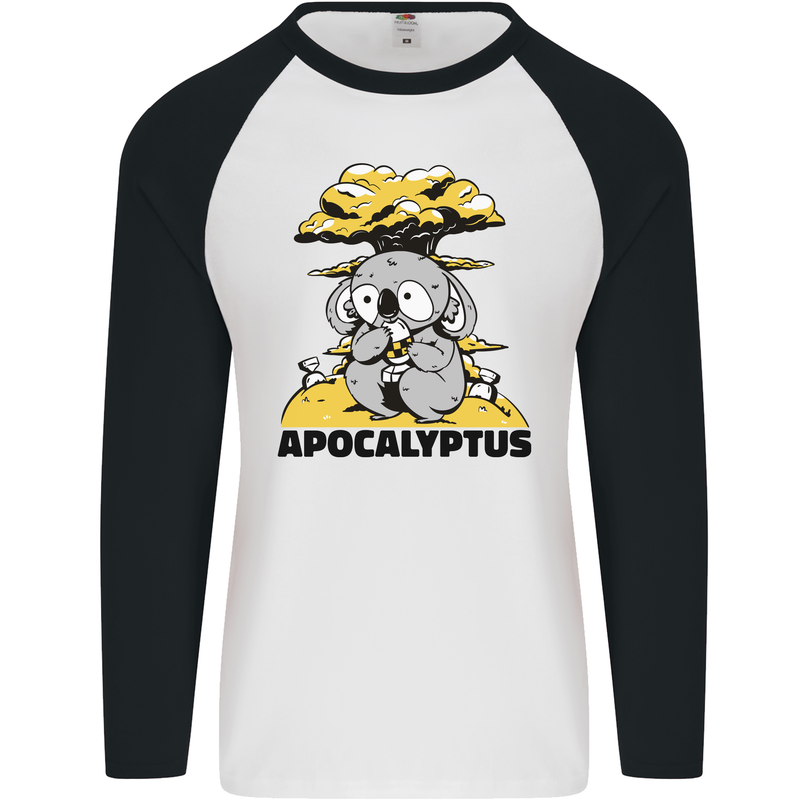 Apocalyptus Koala Bear Climate Change Armageddon Mens L/S Baseball T-Shirt White/Black