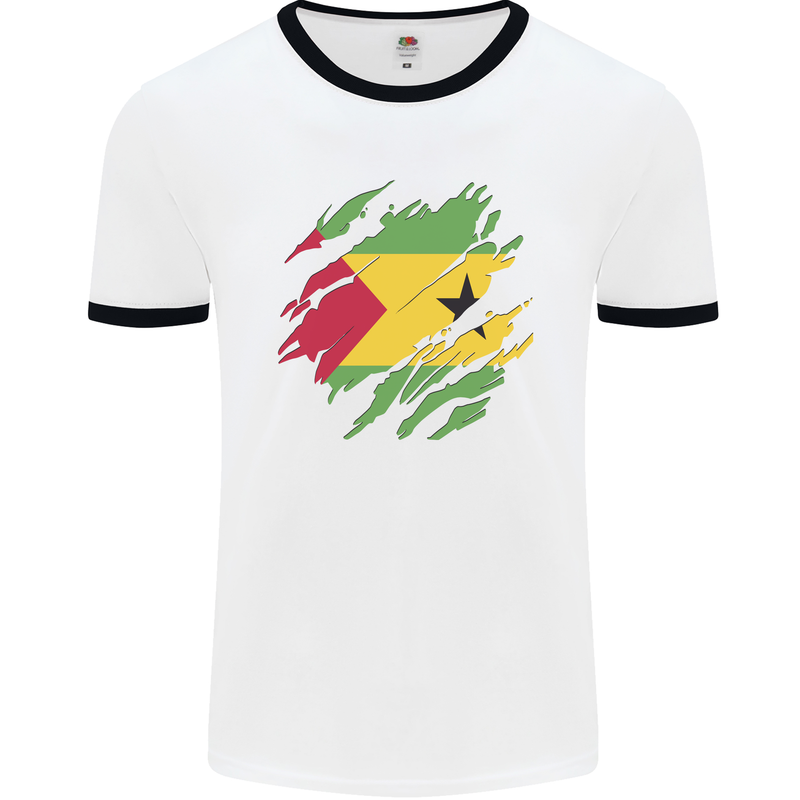 Torn Sao Tome and Principe Flag Day Football Mens Ringer T-Shirt White/Black