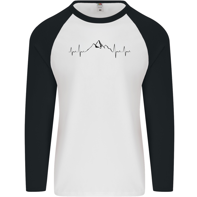 Mountain ECG Hiking Trekking Climbing Pulse Mens L/S Baseball T-Shirt White/Black