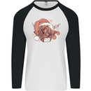 Funny Christmas Highland Cow Santa Hat Mens L/S Baseball T-Shirt White/Black