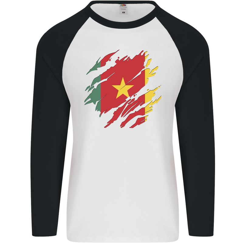 Torn Cameroon Flag Cameroonian Day Football Mens L/S Baseball T-Shirt White/Black