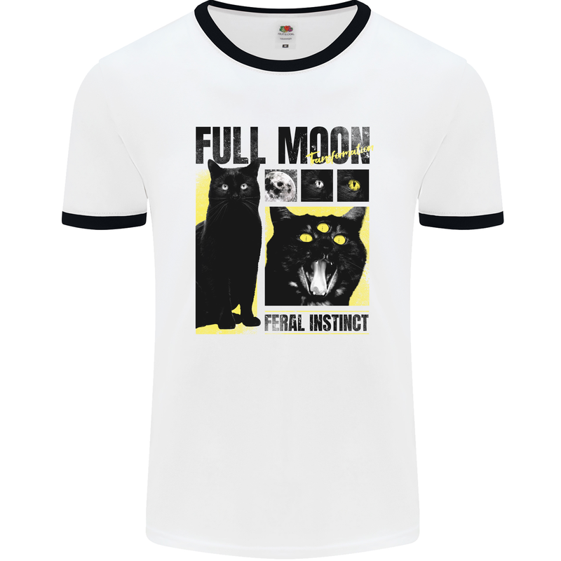 Full Moon Feral Instinct Black Cat Halloween Mens Ringer T-Shirt White/Black