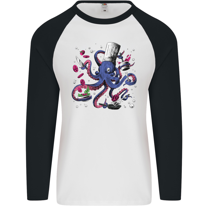 Octo Chef Funny Octopus Cook Cooking Mens L/S Baseball T-Shirt White/Black