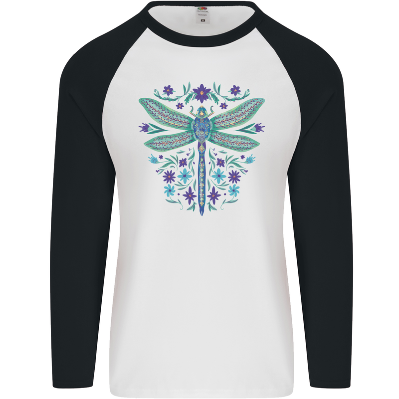 A Floral Dragonfly Mens L/S Baseball T-Shirt White/Black