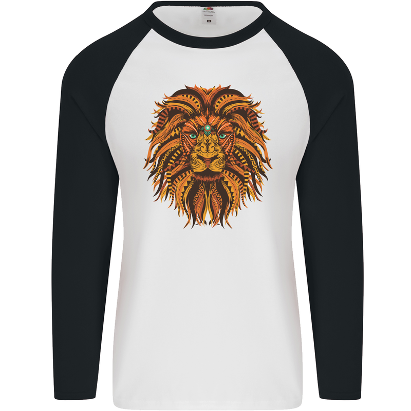 Mandala Art Lion Mens L/S Baseball T-Shirt White/Black