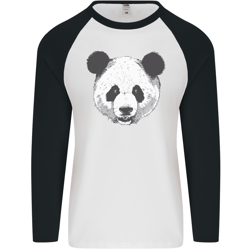 A Panda Bear Face Mens L/S Baseball T-Shirt White/Black