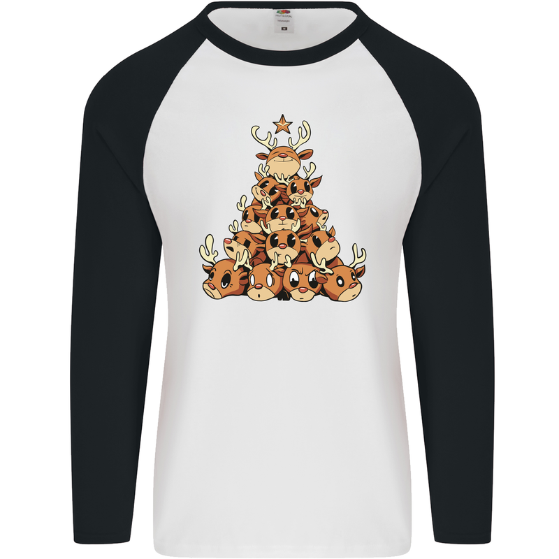 Reindeer Christmas Tree Rudolf Xmas Funny Mens L/S Baseball T-Shirt White/Black