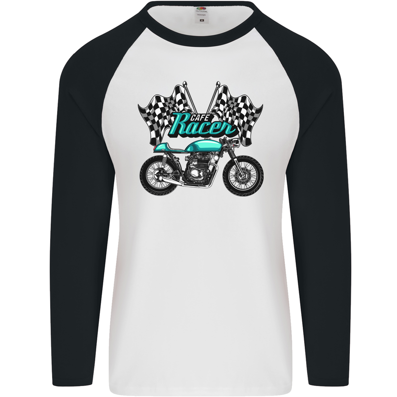 Cafe Racer Biker Motorcycle Motorbike Mens L/S Baseball T-Shirt White/Black