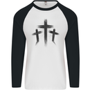 Three Grunge Crosses Gothic Mens L/S Baseball T-Shirt White/Black