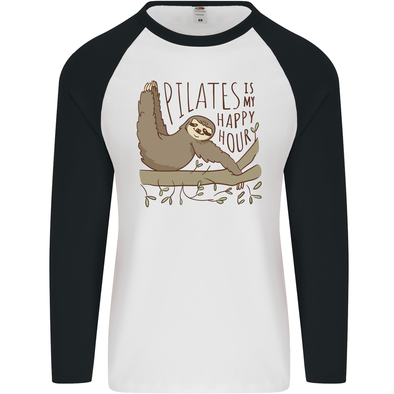 Pilates My Happy Hour Funny Yoga Sloth Mens L/S Baseball T-Shirt White/Black