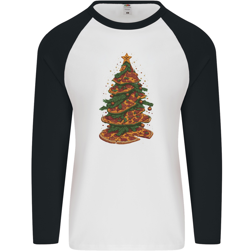 Funny Christmas Pizza Tree Xmas Food Mens L/S Baseball T-Shirt White/Black