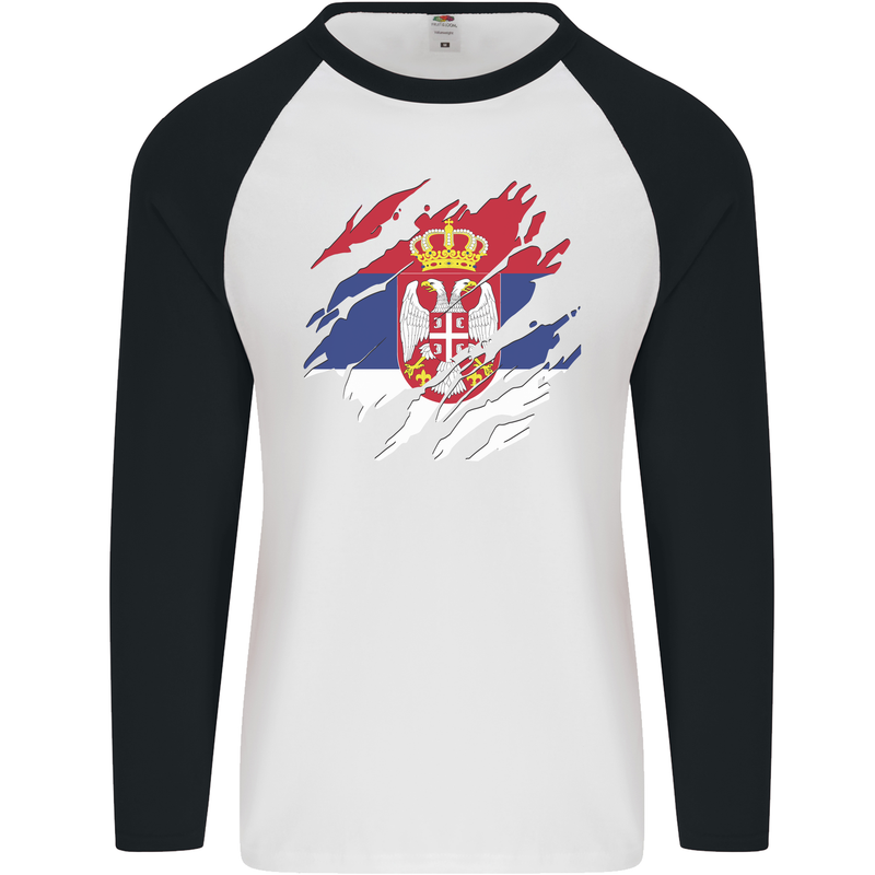 Torn Serbia Flag Serbia Day Football Mens L/S Baseball T-Shirt White/Black