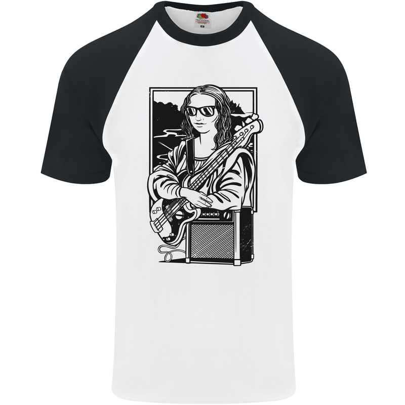 Electric Guitar Mona Lisa Rock Music Player Mens S/S Baseball T-Shirt White/Black