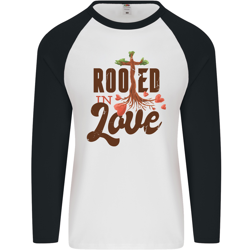 Christian Rooted in Love Christianity Jesus Mens L/S Baseball T-Shirt White/Black