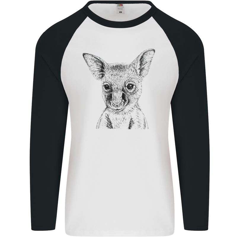 Baby Kangaroo Sketch Ecology Environment Mens L/S Baseball T-Shirt White/Black