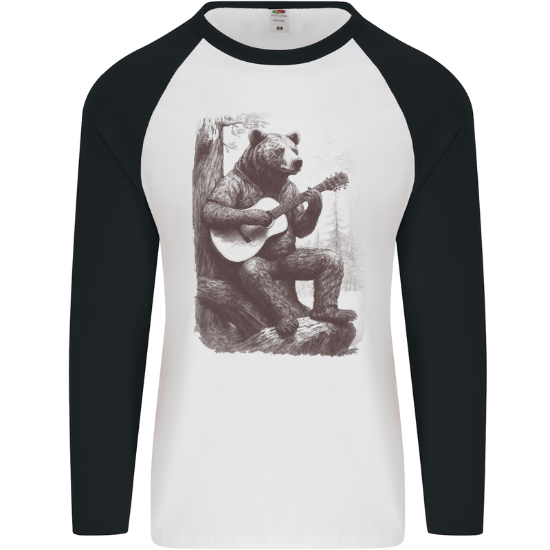 A Cool Bear Playing the Acoustic Guitar Mens L/S Baseball T-Shirt White/Black