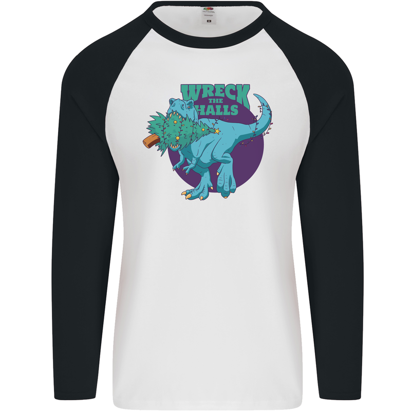 T-Rex Ruining Christmas Wreck the Halls Mens L/S Baseball T-Shirt White/Black