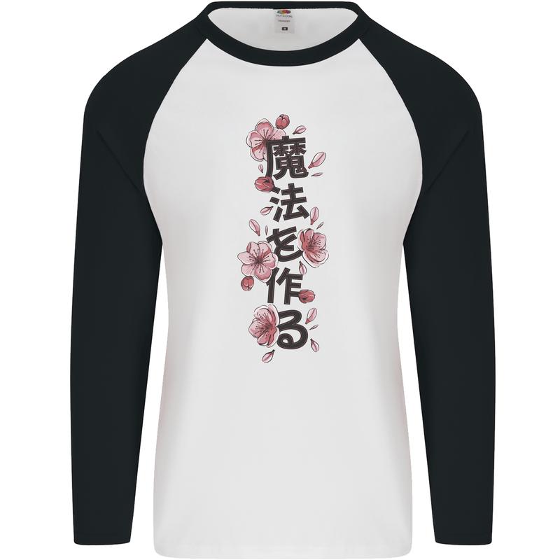 Japanese Flowers Quote Japan Mens L/S Baseball T-Shirt White/Black