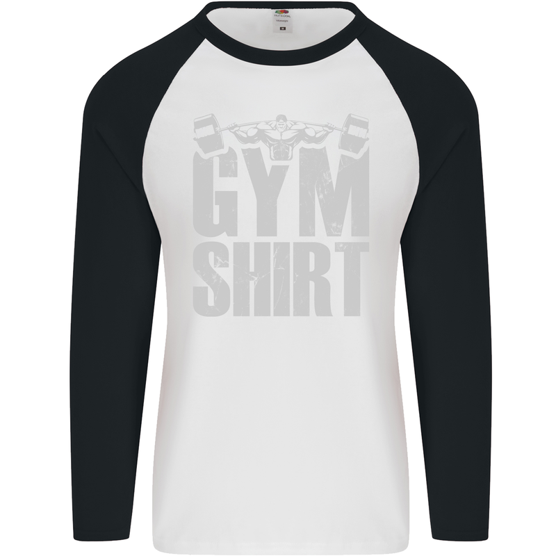 Gym Training Top Bodybuilding Weightlifting Mens L/S Baseball T-Shirt White/Black