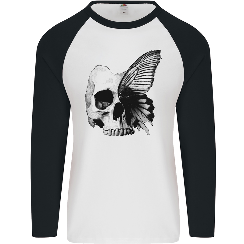 A Butterfly Skull Mens L/S Baseball T-Shirt White/Black