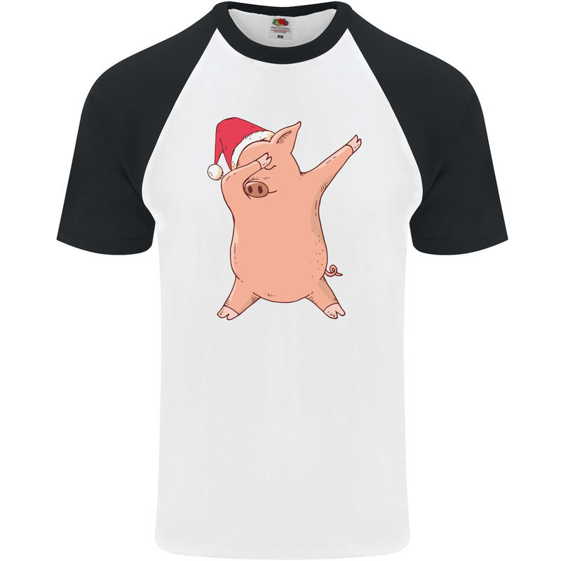 Christmas Dabbing Pig Wearing an Xmas Hat Mens S/S Baseball T-Shirt White/Black