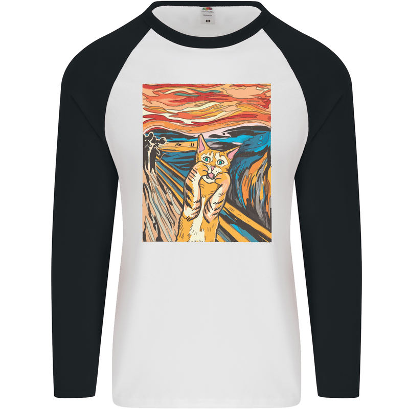 Cat Scream Painting Parody Mens L/S Baseball T-Shirt White/Black