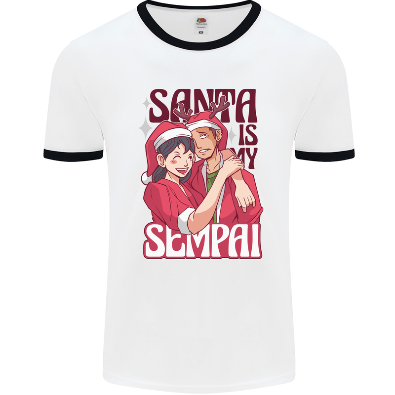 Santa is My Sempai Funny Anime Christmas Xmas Mens Ringer T-Shirt White/Black