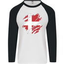 Torn Denmark Flag Danish Day Football Mens L/S Baseball T-Shirt White/Black