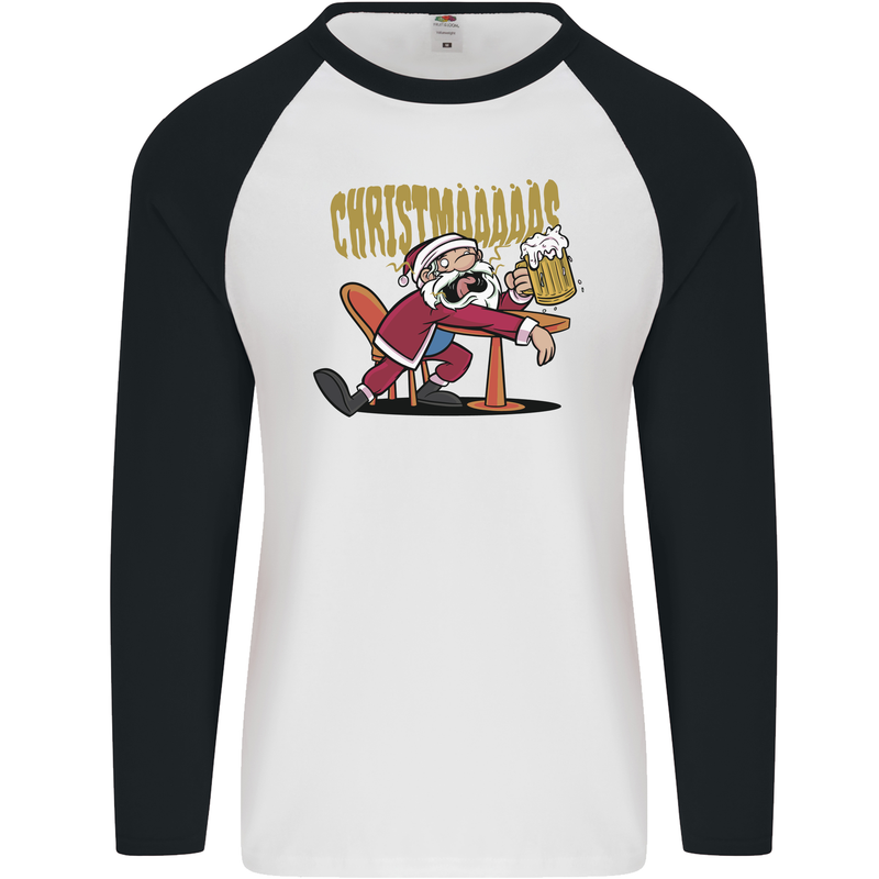 Drunk Santa Funny Christmas Alcohol Beer Xmas Mens L/S Baseball T-Shirt White/Black