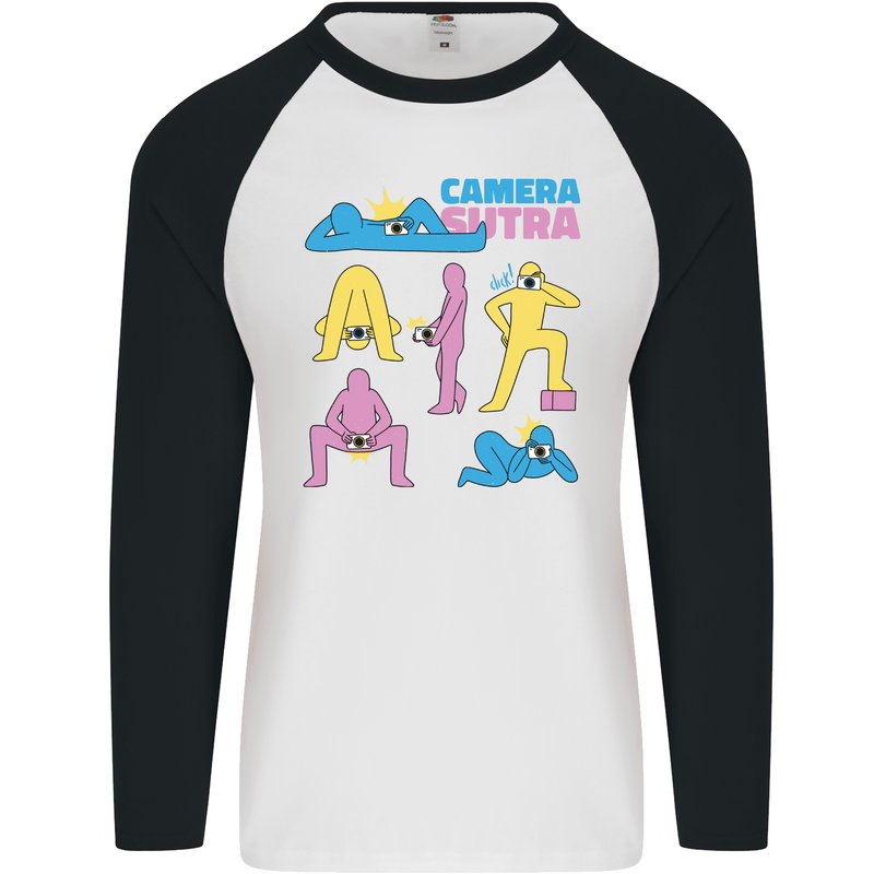 Camera Sutra Photography Photographer Funny Mens L/S Baseball T-Shirt White/Black