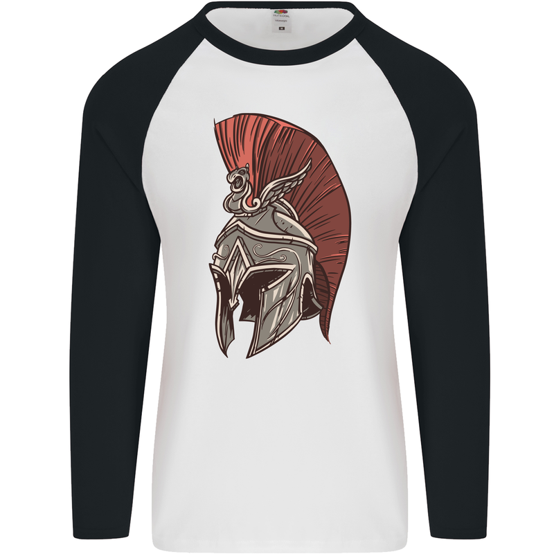 Roman Helmet Bodybuilding Gym Spartan Mens L/S Baseball T-Shirt White/Black