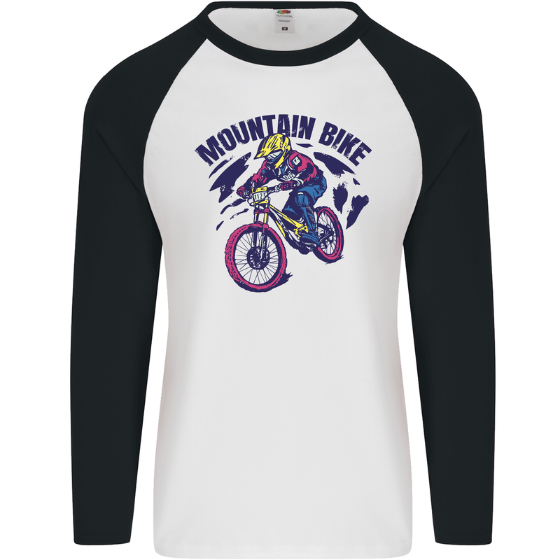 Cycling Mountain Bike Bicycle Cyclist MTB Mens L/S Baseball T-Shirt White/Black