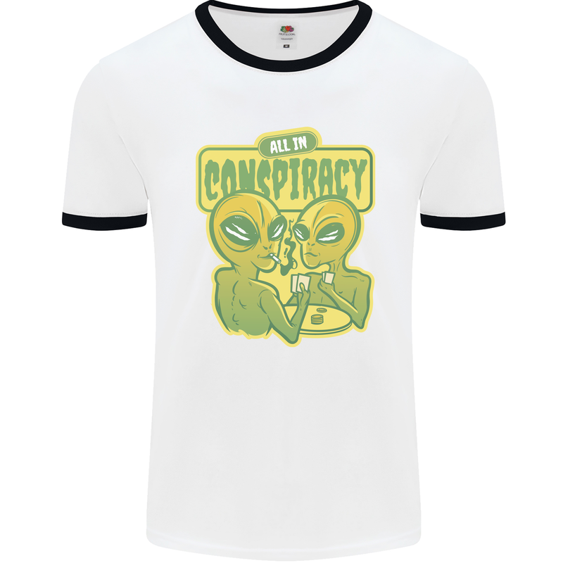 All in Conspiracy Funny Alien Poker Card Game Mens Ringer T-Shirt White/Black