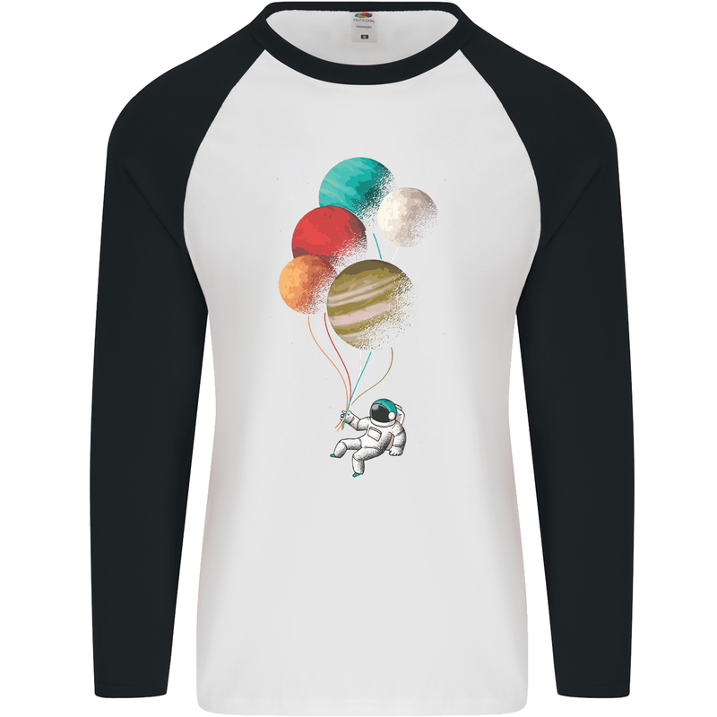 An Astronaut With Planets as Balloons Space Mens L/S Baseball T-Shirt White/Black