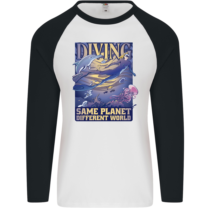 Diver Same Planet Different World Mens L/S Baseball T-Shirt White/Black