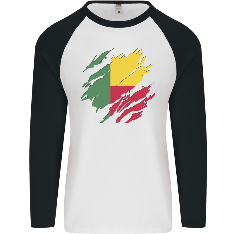 Torn Benin Flag Beninese Day Football Mens L/S Baseball T-Shirt White/Black