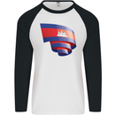Curled Cambodia Flag Cambodian Day Football Mens L/S Baseball T-Shirt White/Black