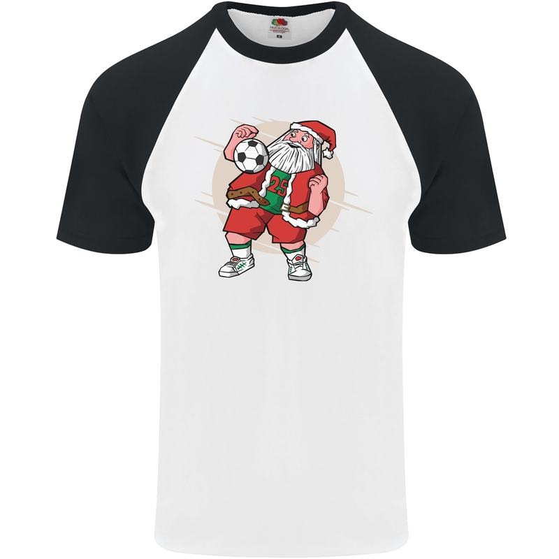 Football Santa Christmas Soccer Xmas Mens S/S Baseball T-Shirt White/Black