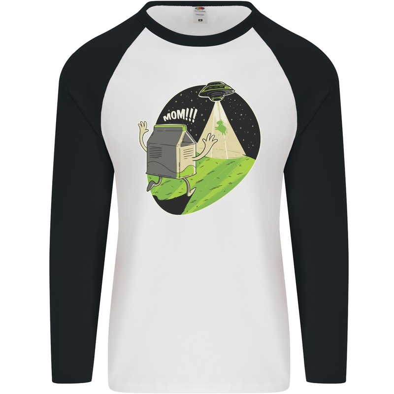 Cow Abduction Funny Alien UFO Food Mens L/S Baseball T-Shirt White/Black