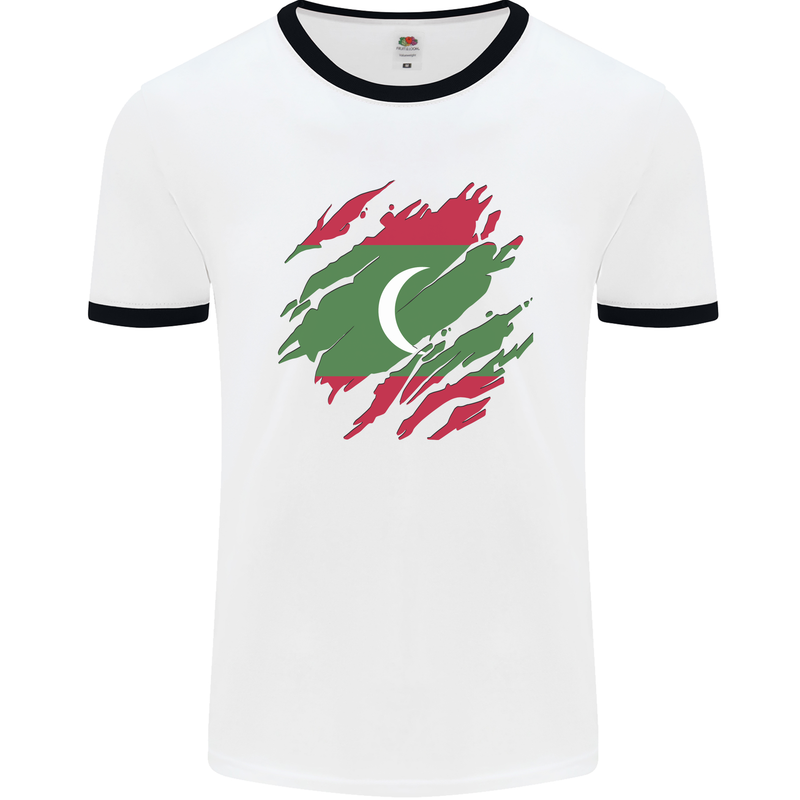 Torn Maldives Flag Maldivian Day Football Mens Ringer T-Shirt White/Black